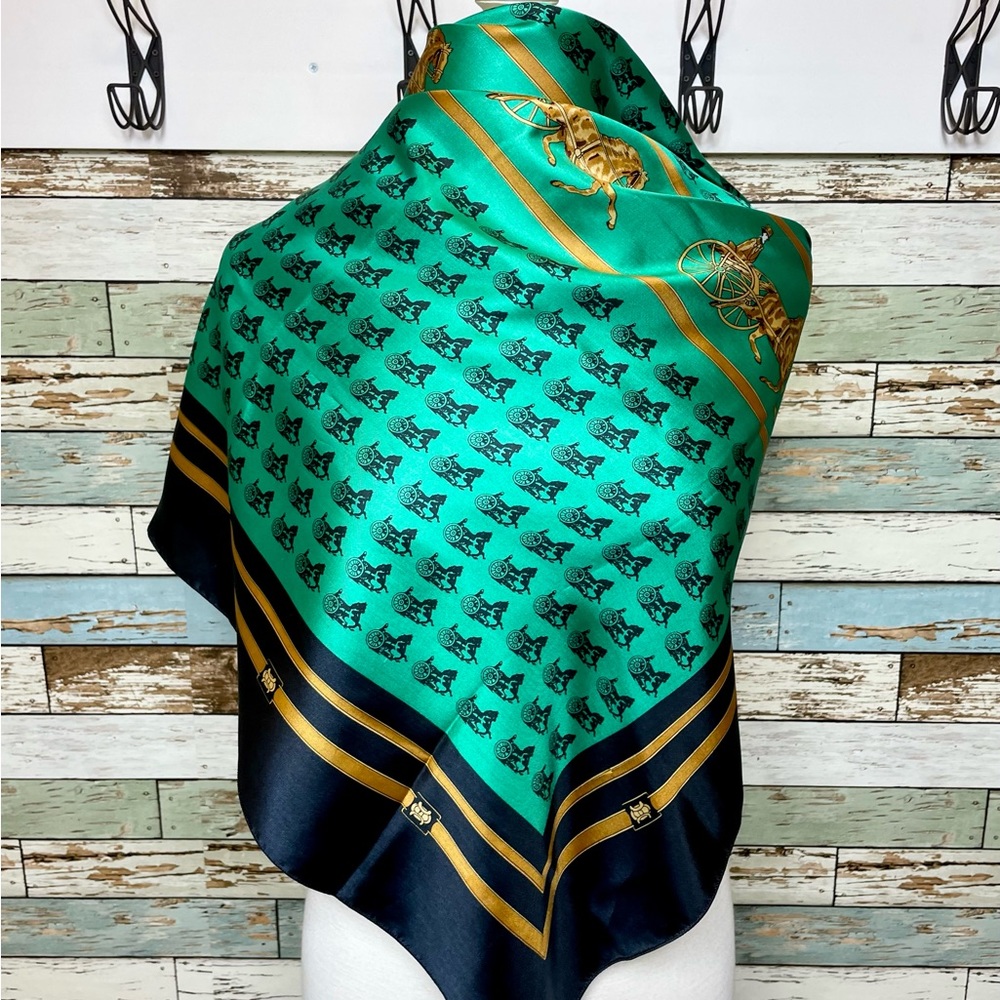 Vintage Green Silk Scarf w/ Horse & Gig Carriage Silhouette Navy & Gold Border